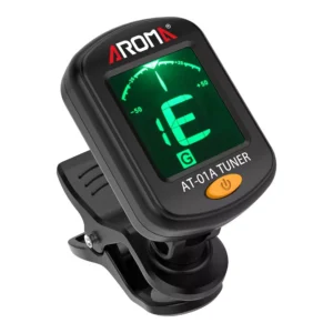 Clip-On Chromatic Tuner for Guitar, Bass, Violin & Ukulele. * Easy one button operation. * 2-colour backlight - Green in-tune and white out-of-tune. * Aroma Brand.