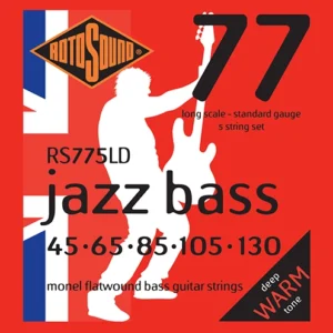 5-string electric ROTOSOUND Jazz Bass set, Flatwound 45-130 : The flatwound bass string that’s been awarded many accolades since its inception in 1966. Wound with the premium alloy Monel, Jazz Bass strings sound deeper and offer more resistance than the more commonly used stainless steel wrap.