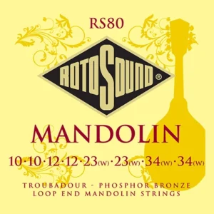 The Rotosound RS80 are a premium quality set of long lasting & bright 8-string mandolin strings. Manufactured in Britain from high quality wound phosphor bronze and featuring loop ends the Rotosound RS80 Strings are an excellent choice for any 8-string mandolin.