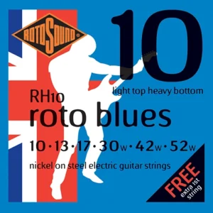 Electric Guitar Strings - Nickel on Steel - 10-52. A hybrid version of our best-selling electric guitar strings. Light top Heavy Bottom. The combination of silky nickel wrap and powerful steel core make our Rotos a great all-rounder for any playing style or genre.