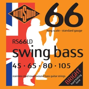 Swing Bass Stainless Steel Round wound Gauge 45-105 : This is the roundwound string that James How and John Entwistle perfected into what was to become the industry standard. The bright, punchy, high-energy sound of Swing Bass 66 bass guitar strings is a major part of early rock music history and brought the bass player from the back line to the front of the stage.
