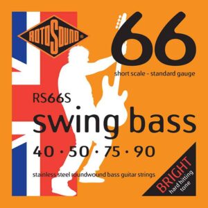 Short Scale Swing Bass Stainless Steel Round wound-Gauge 40-90 : This is the roundwound string that James How and John Entwistle perfected into what was to become the industry standard. The bright, punchy, high-energy sound of Swing Bass 66 strings is a major part of early rock music history and brought the bass player from the back line to the front of the stage.