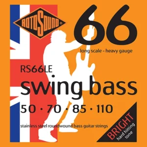 Swing Bass, Stainless Steel Round-wound, Gauge 50-100 : This is the round-wound string that James How and John Entwistle perfected into what was to become the industry standard. The bright, punchy, high-energy sound of Swing Bass 66 strings is a major part of early rock music history and brought the bass player from the back line to the front of the stage.